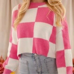 MOON & MADISON PINK / WHITE CHECKERED WOOL SWEATER (S) (NWT)